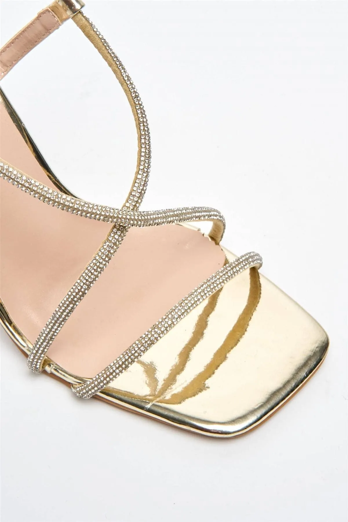 Sorrento Diamante Strap Square Toe Heel Sandal in Gold