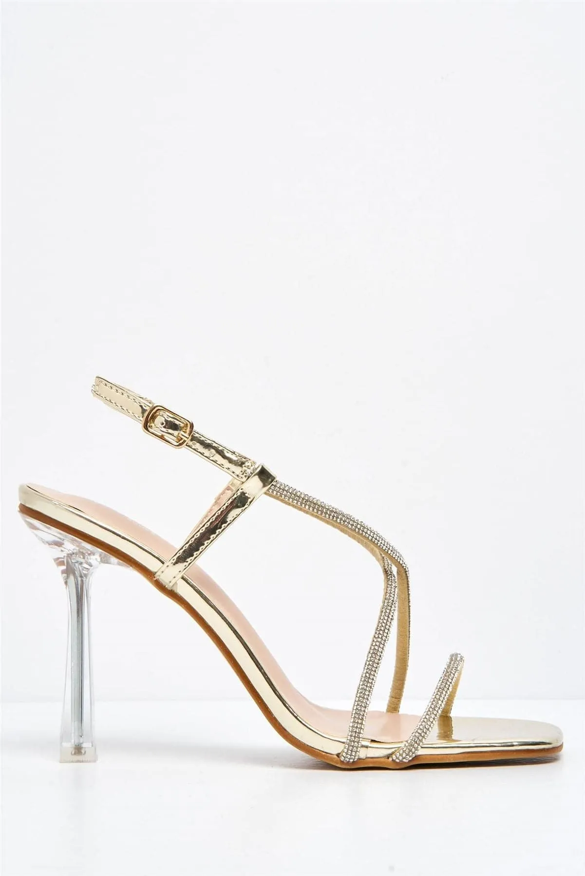 Sorrento Diamante Strap Square Toe Heel Sandal in Gold