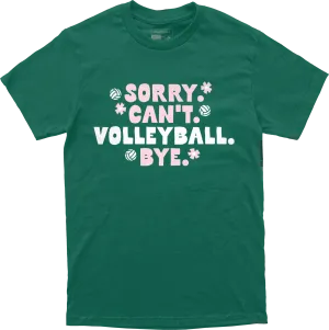 Sorry. Can't. Volleyball. Bye. Tee