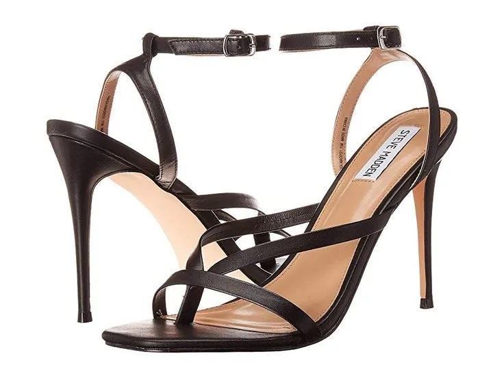 Steve Madden Amada Black Leather Squared Open Toe Ankle Strap Heeled Sandals