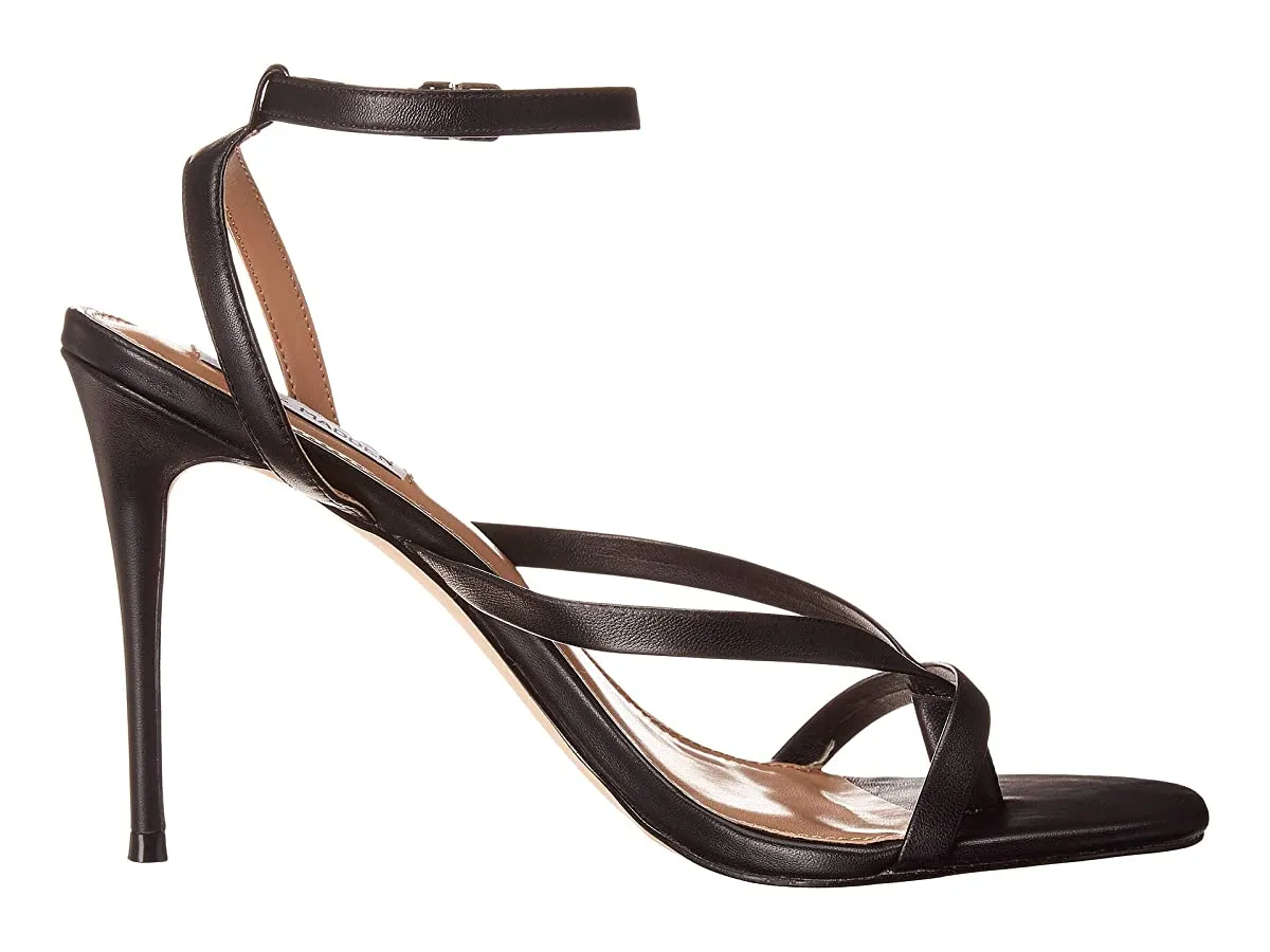 Steve Madden Amada Black Leather Squared Open Toe Ankle Strap Heeled Sandals