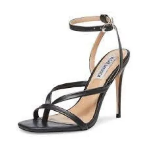 Steve Madden Amada Black Leather Squared Open Toe Ankle Strap Heeled Sandals