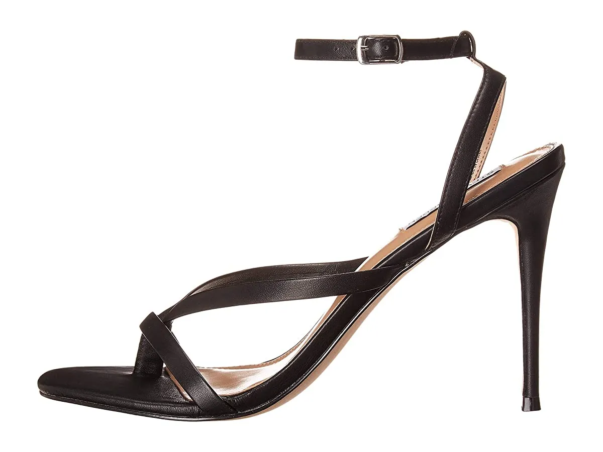 Steve Madden Amada Black Leather Squared Open Toe Ankle Strap Heeled Sandals