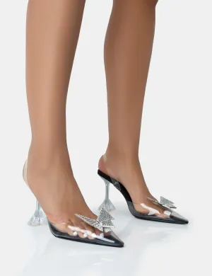 Stormi Black Satin Butterfly Diamante Slingback Court Stiletto Heels