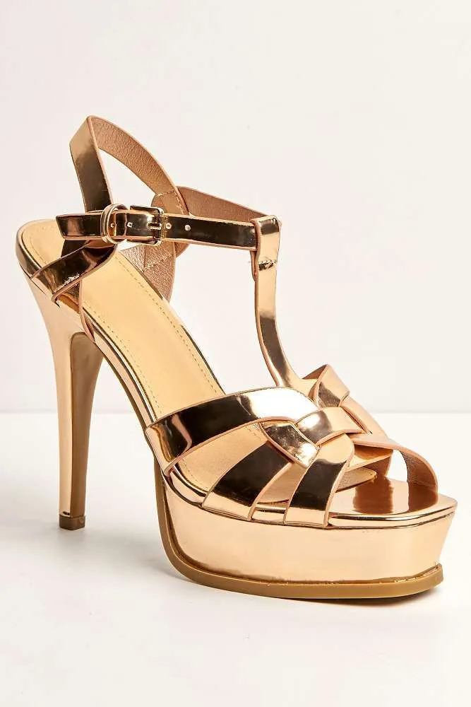 Tani High Platform T-Bar Sandals in Rose Gold Metalic