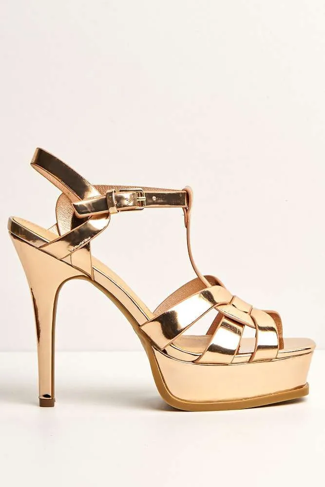 Tani High Platform T-Bar Sandals in Rose Gold Metalic