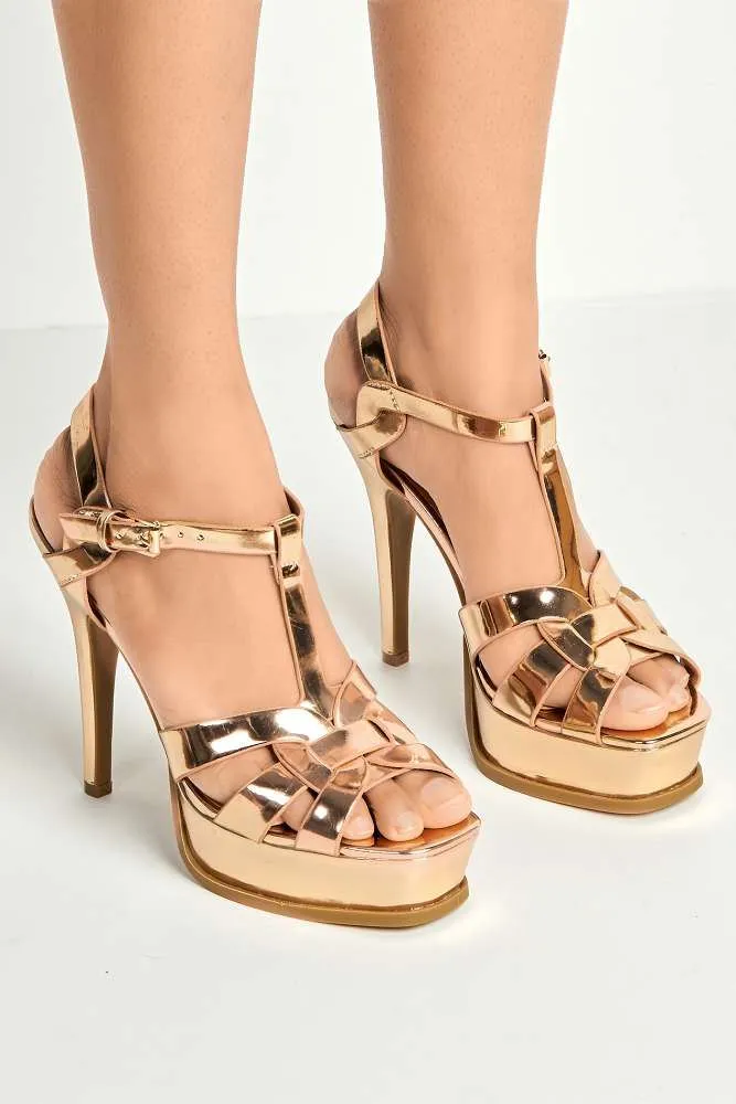 Tani High Platform T-Bar Sandals in Rose Gold Metalic