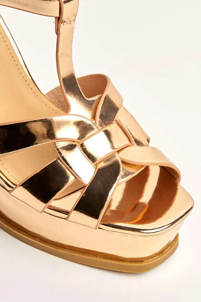 Tani High Platform T-Bar Sandals in Rose Gold Metalic
