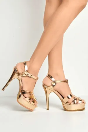 Tani High Platform T-Bar Sandals in Rose Gold Metalic