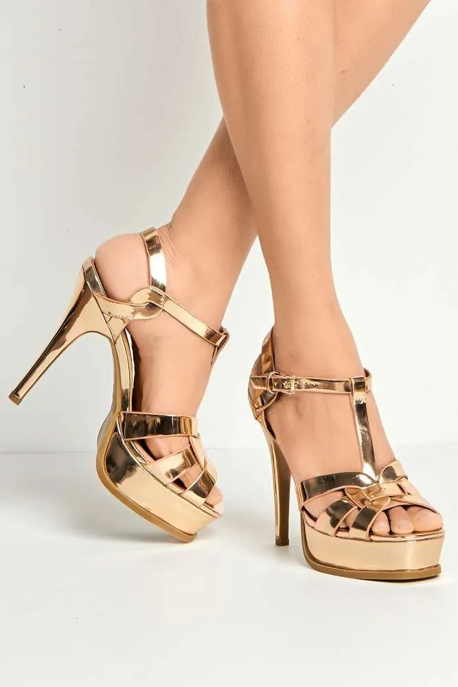 Tani High Platform T-Bar Sandals in Rose Gold Metalic