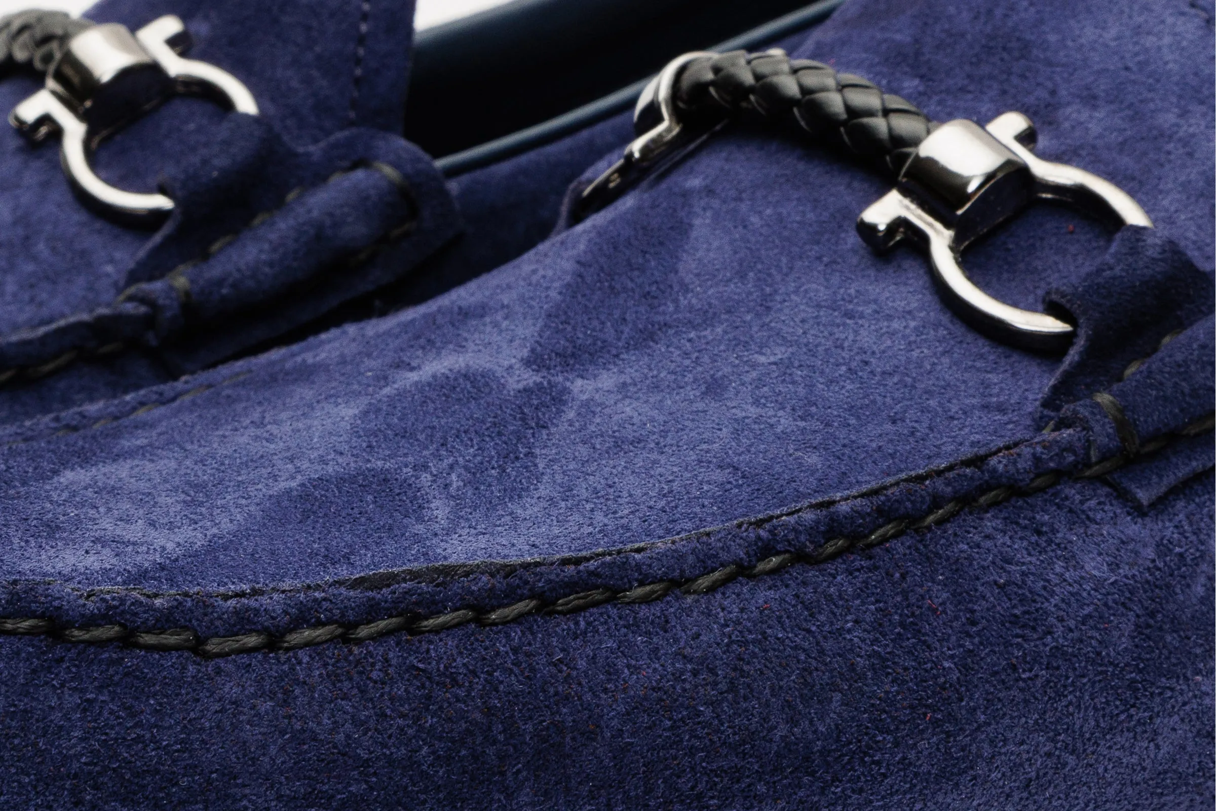 The Bari Navy Blue Suede Leather Bit Drive Loafer Men Shoe Detail Cut Refined touch