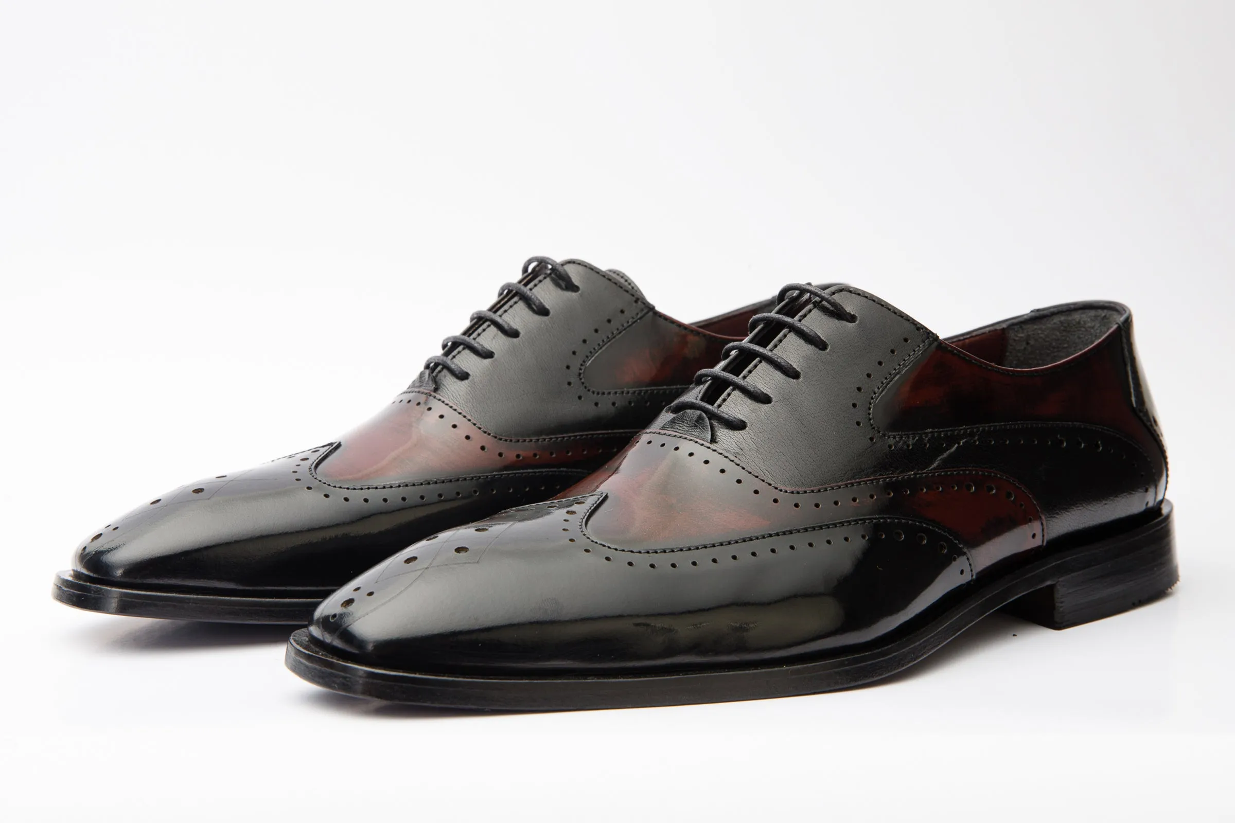 Shiny look The Dicle Black/Burgundy Wingtip Semi Brogue Derby Men Shoe