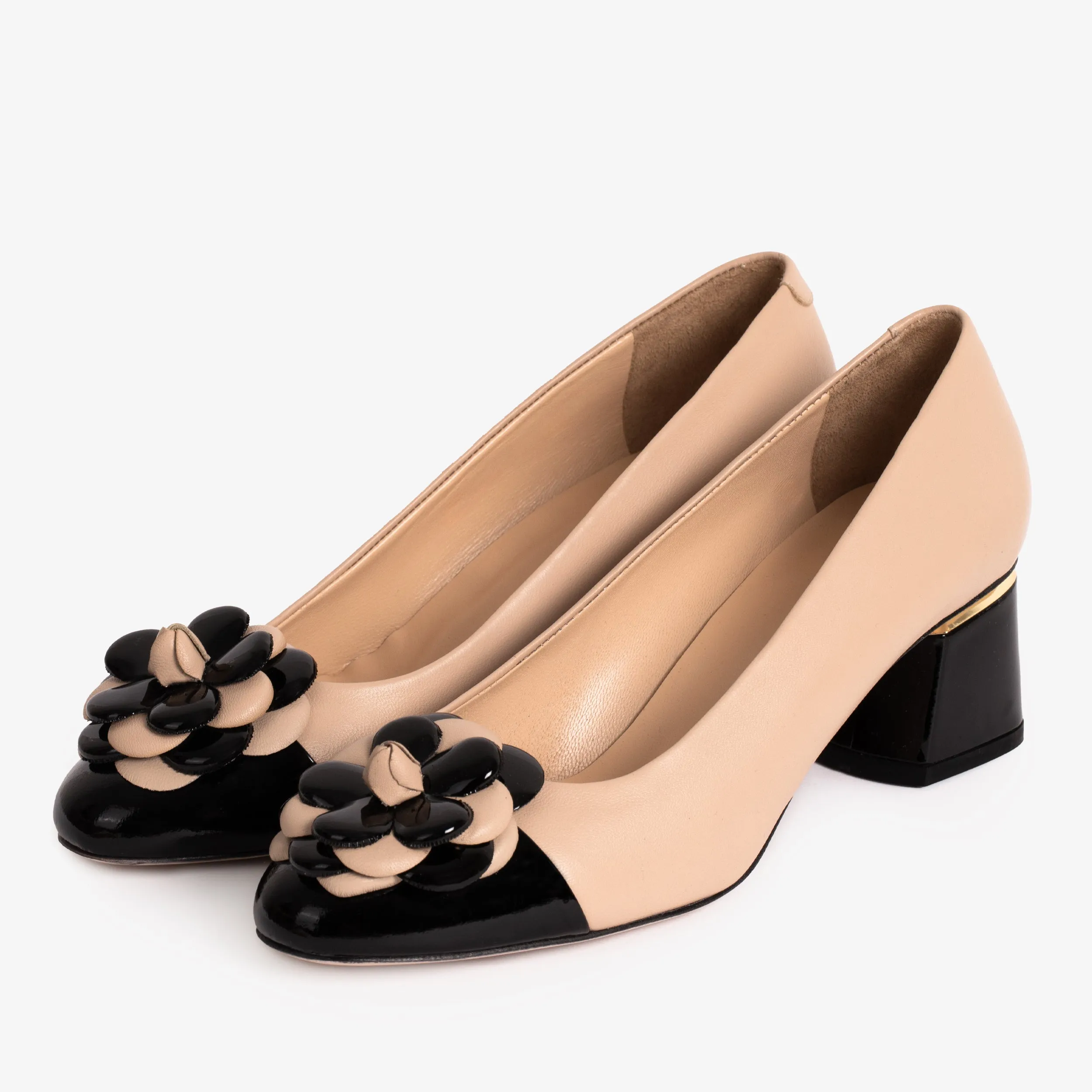 Formal Heels The Diva Beige Leather Cap Toe Block Heel Pump Women Shoe