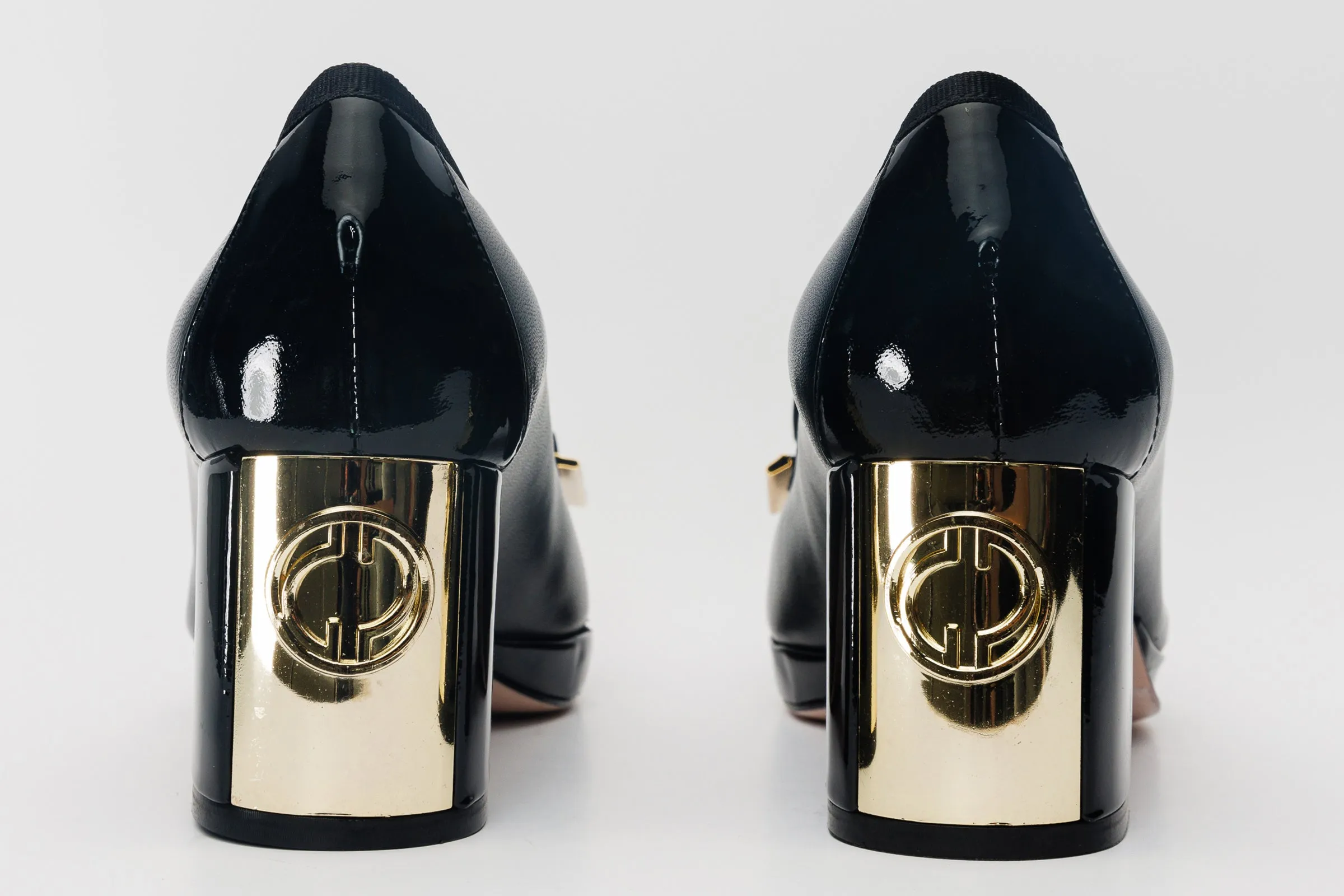 Chunky Heel The Fano Black Leather Cap Toe Block Heel Pump Women Shoe