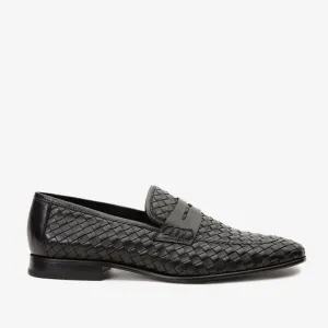 Street Edge The Grand Woven Leather Black  Men Shoe Penny Loafer