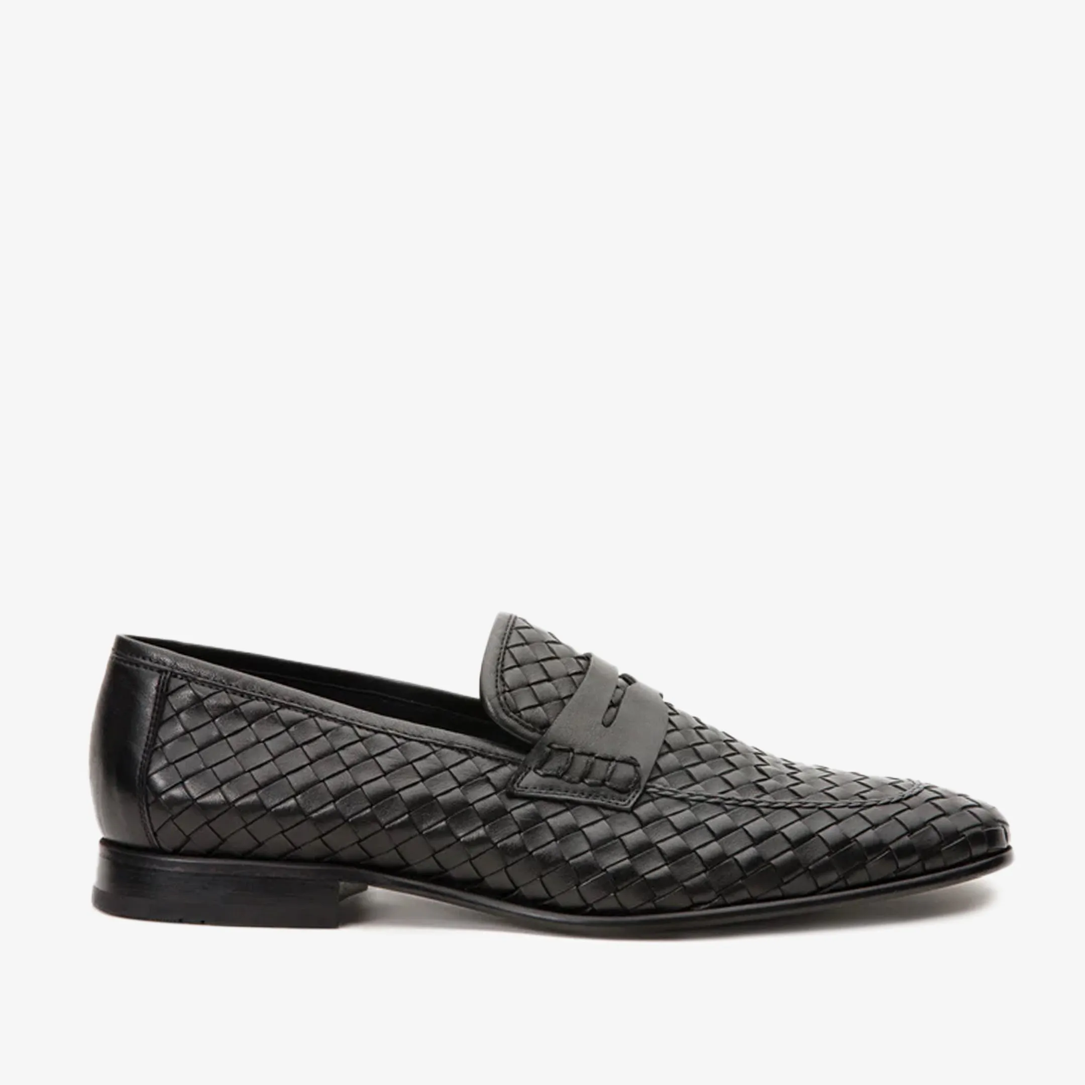 Street Edge The Grand Woven Leather Black  Men Shoe Penny Loafer