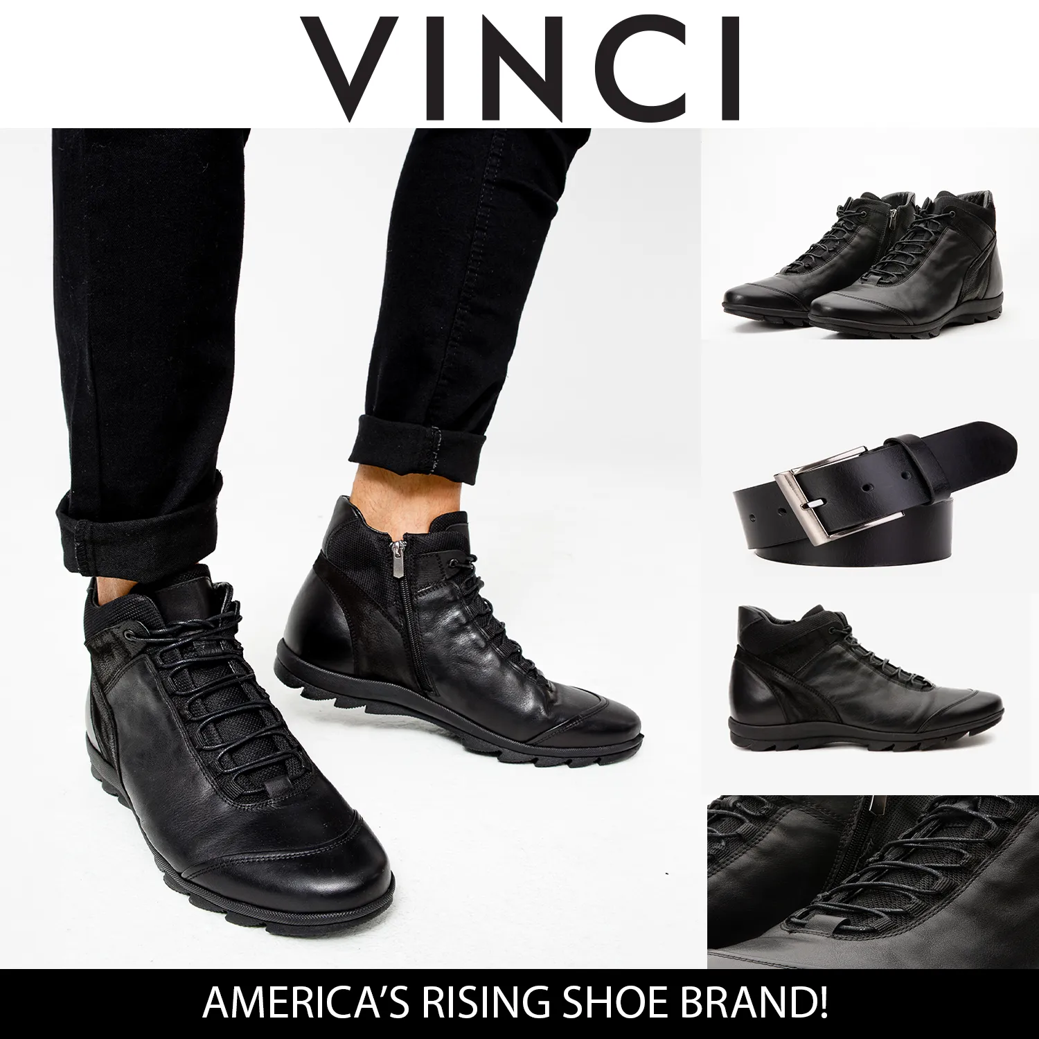 The Houston Leather Black Lace-Up Casual Men Boot with a Zipper Quick Drying Rough Trail Hiker Comfort Padding