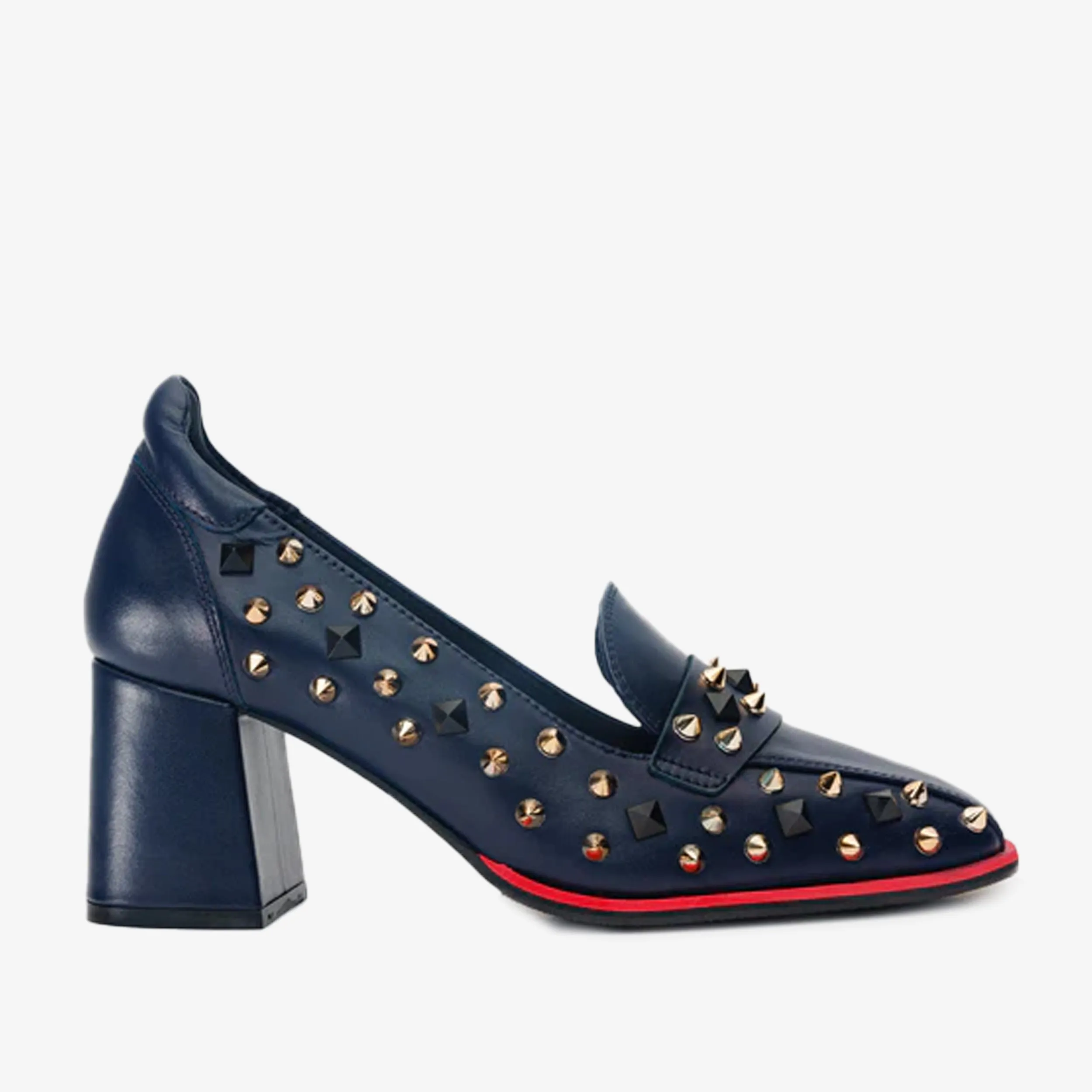 Dance Floor The Infanta Navy Blue Spike Leather Block Heel Pump Women Shoe