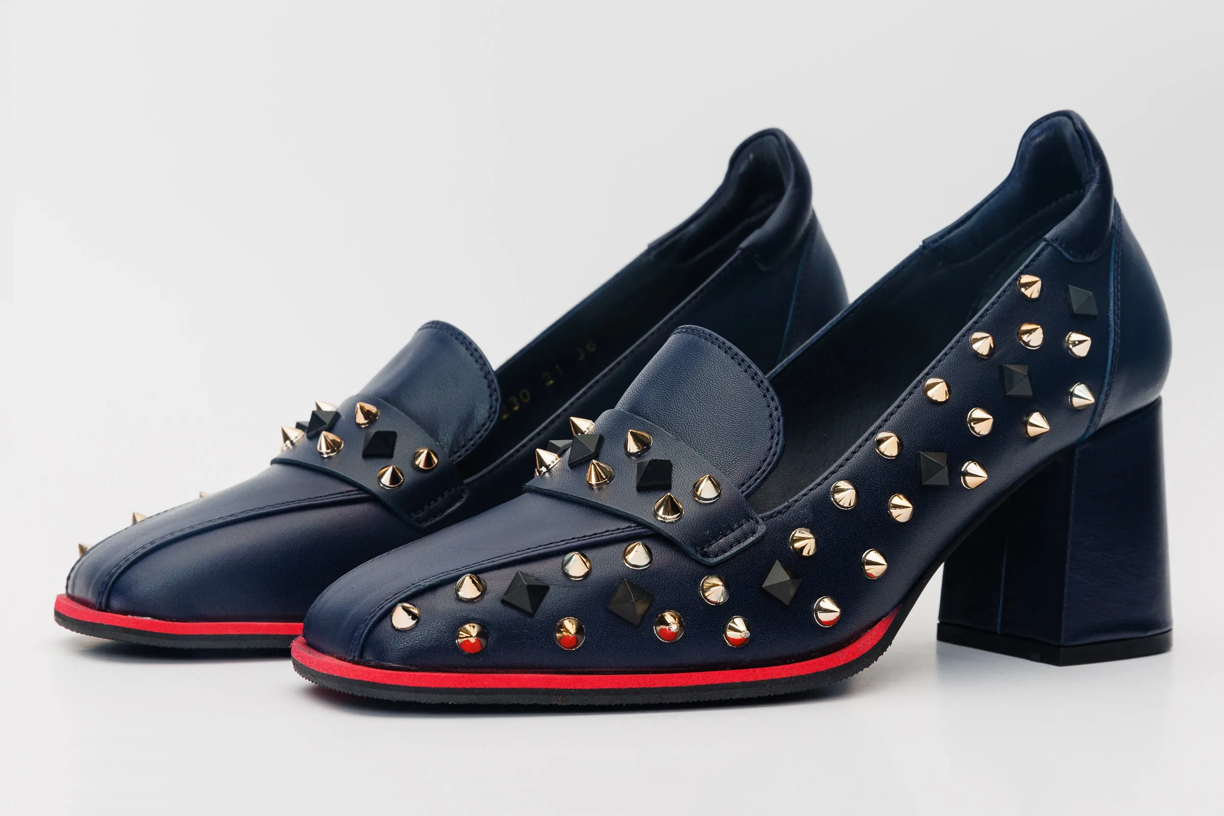 The Infanta Navy Blue Spike Leather Block Heel Pump Women Shoe Stunning Style Open Toe Design