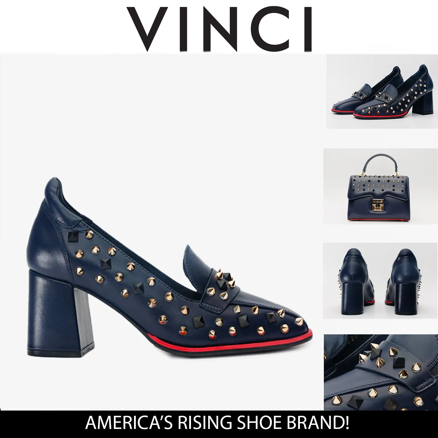 Classic Fit The Infanta Navy Blue Spike Leather Block Heel Pump Women Shoe