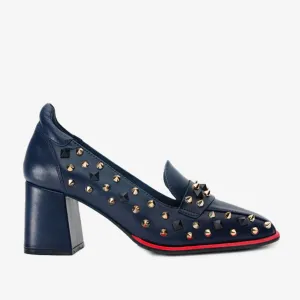 Dance Floor The Infanta Navy Blue Spike Leather Block Heel Pump Women Shoe