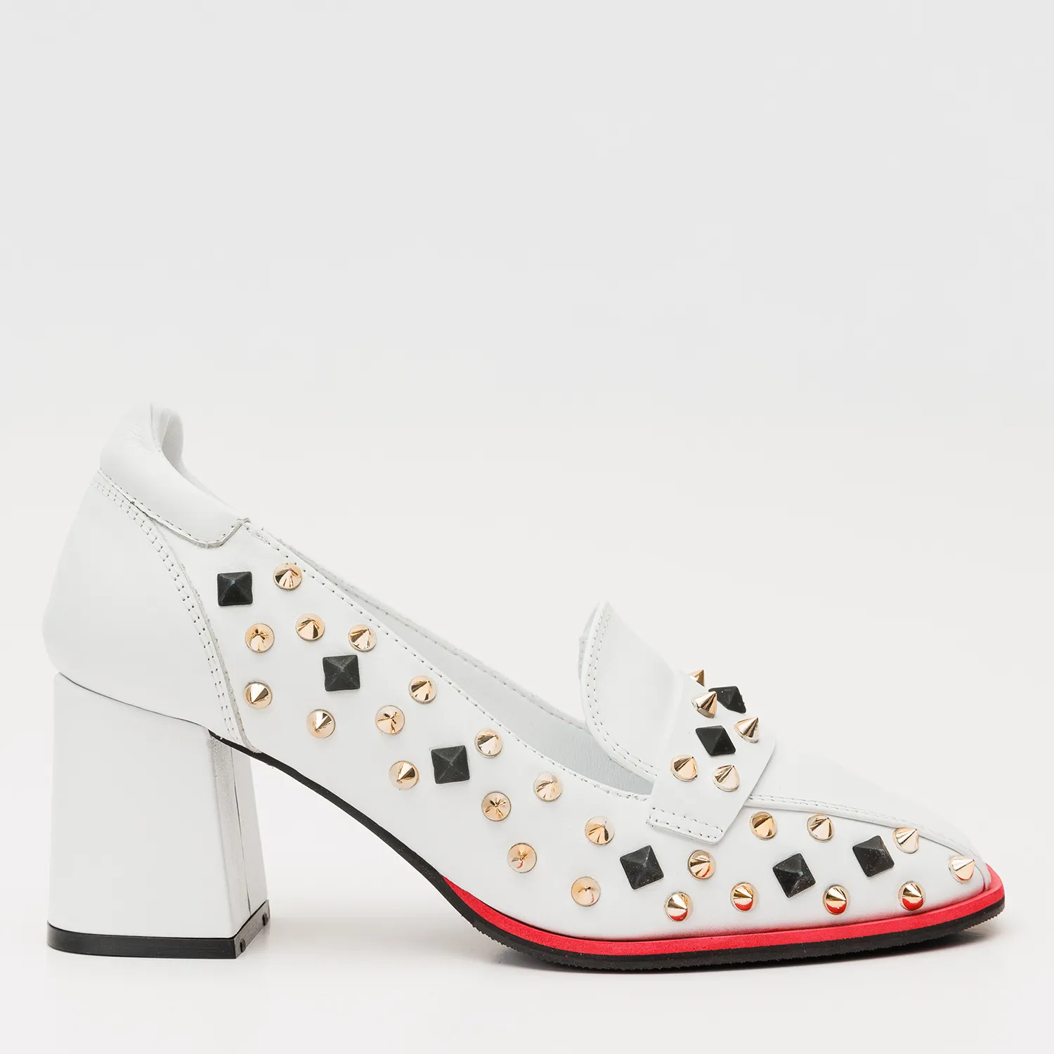 The Infanta White Spike Leather Block Heel Pump Women Shoe Platform Lift