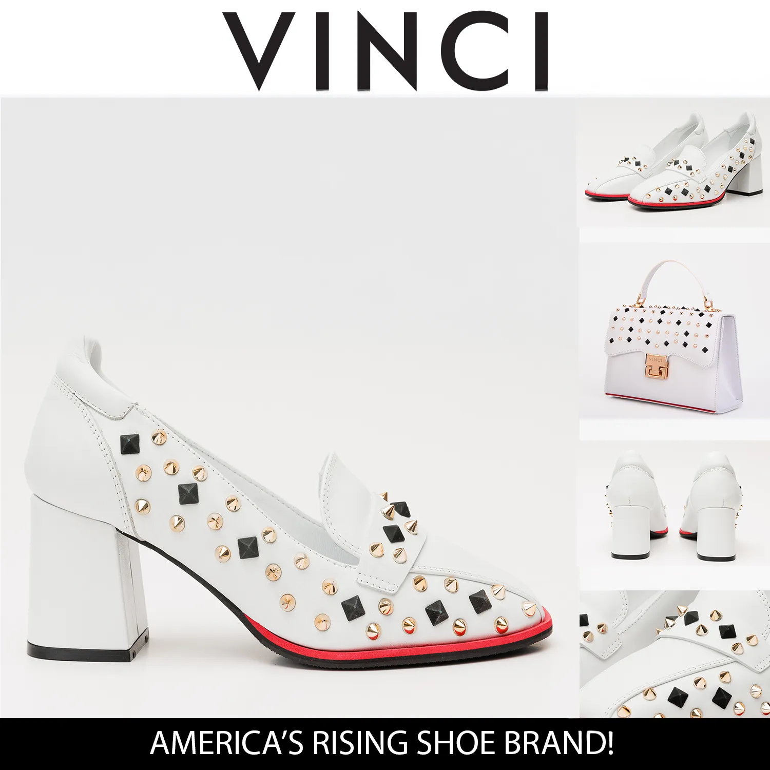 The Infanta White Spike Leather Block Heel Pump Women Shoe Head Spark Square Cut