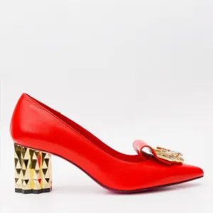 The Love Red Leather Block Heel Pump Women Shoe Retro Glam hand craft