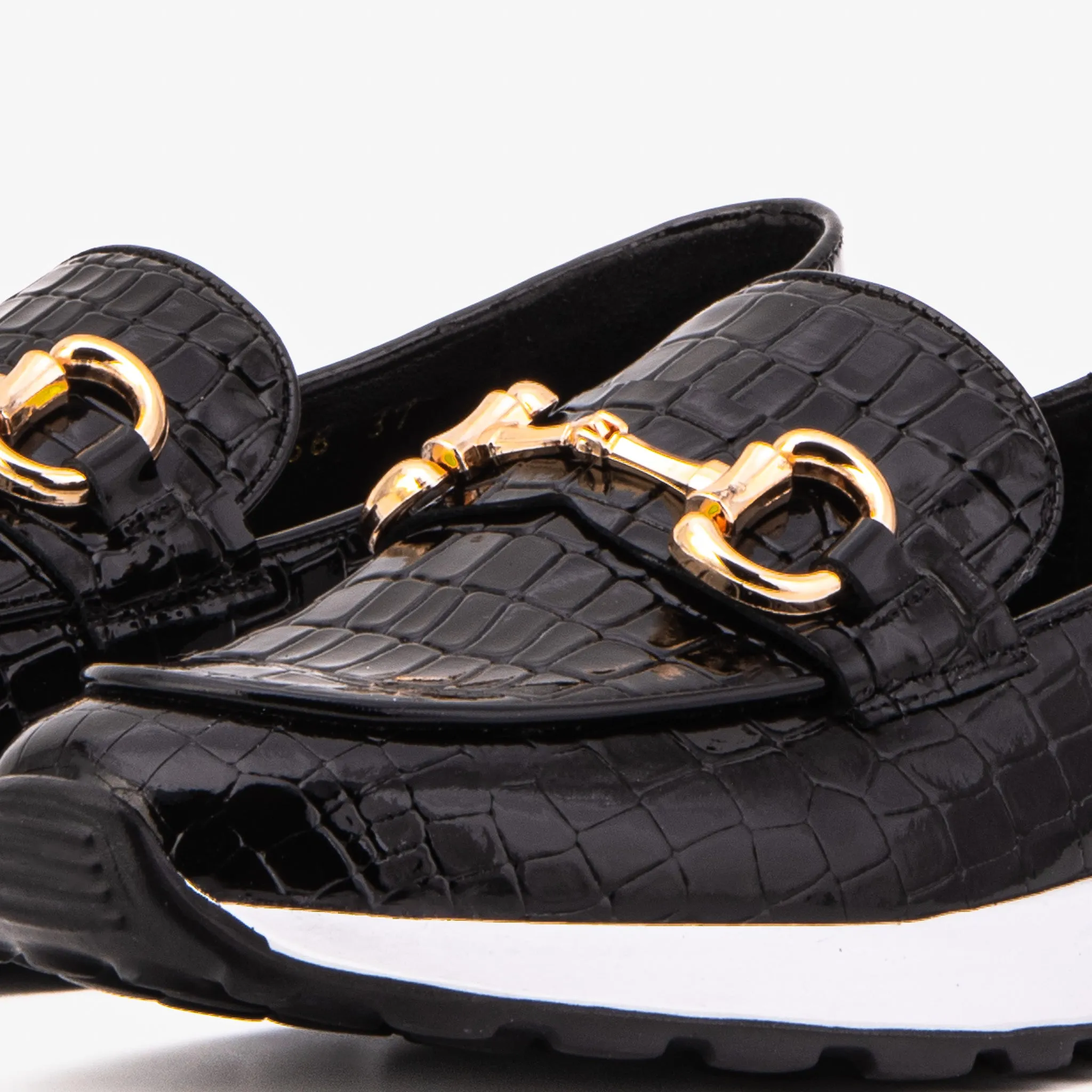 The Milan Black Croc-Embossed Patent Leather Women Sneaker Shock Dissipating