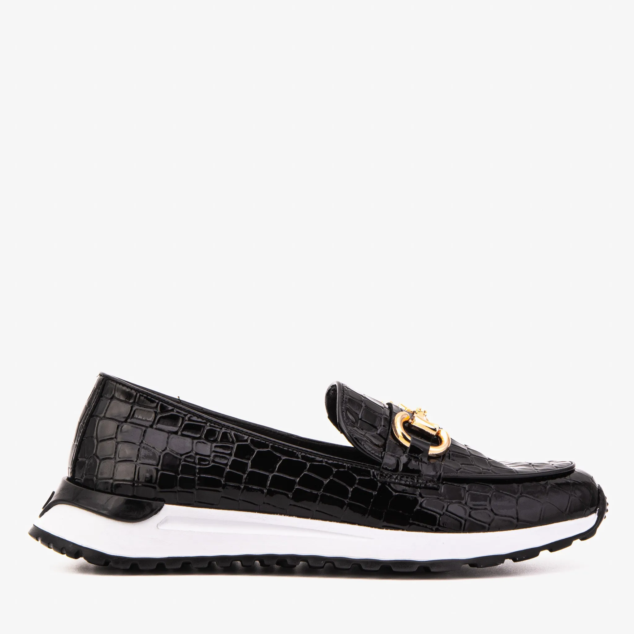Anti Slip Groove Pattern The Milan Black Croc-Embossed Patent Leather Women Sneaker