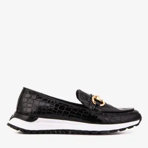 Anti Slip Groove Pattern The Milan Black Croc-Embossed Patent Leather Women Sneaker