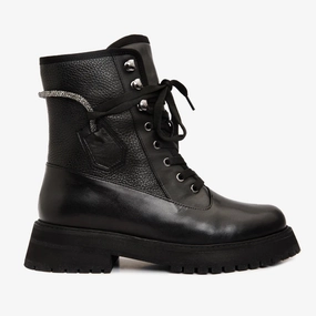 The Arata Black Leather Lace-Up Ankle Women Boot With a Side Zipper All Day Comfort High Arch