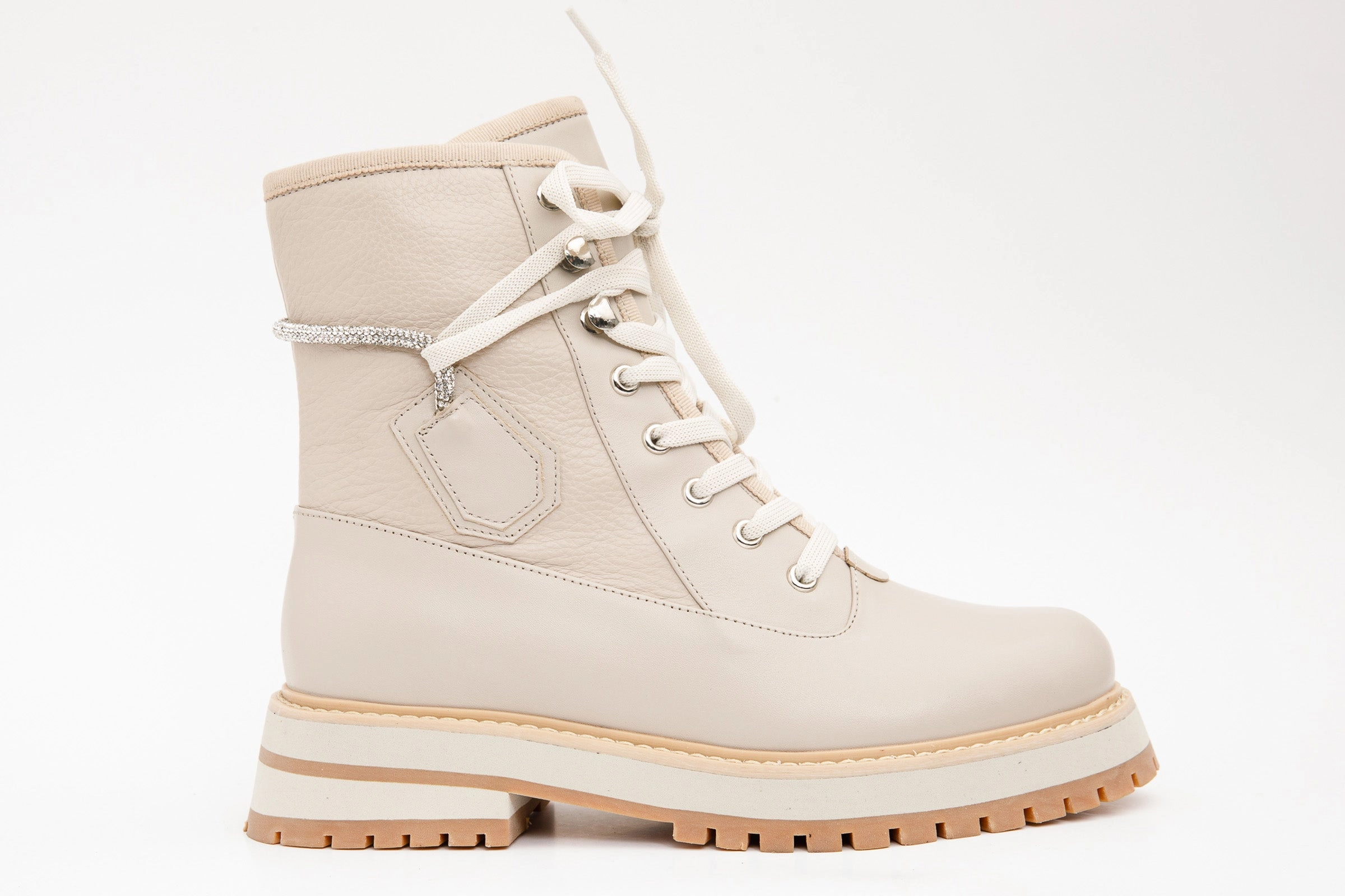 Leather Comfort Support Foot The Arata Cream Leather Lace-Up Ankle Women Boot With a Side Zipper