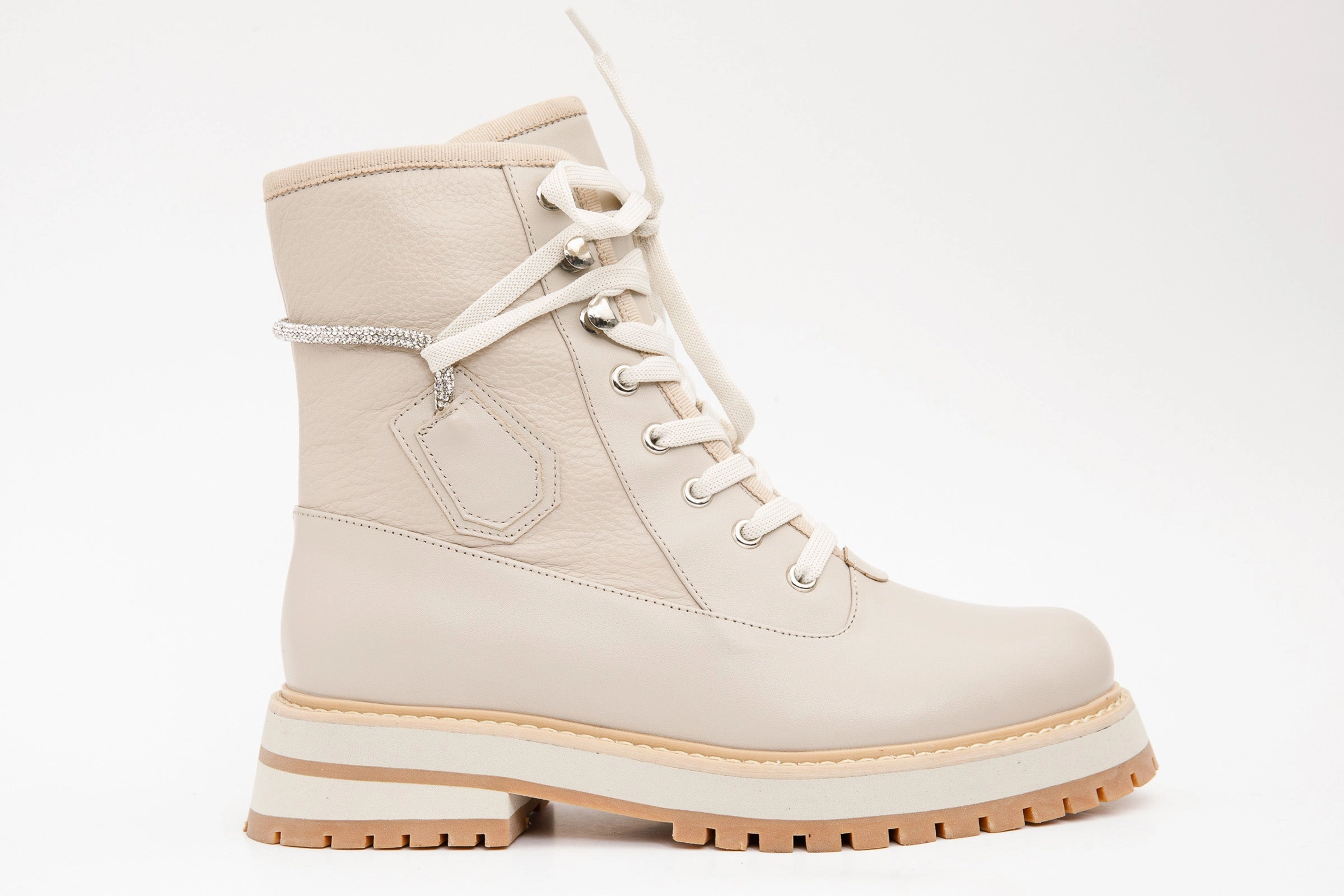Pure White Anti Skid The Arata Cream Leather Lace-Up Ankle Women Boot With a Side Zipper