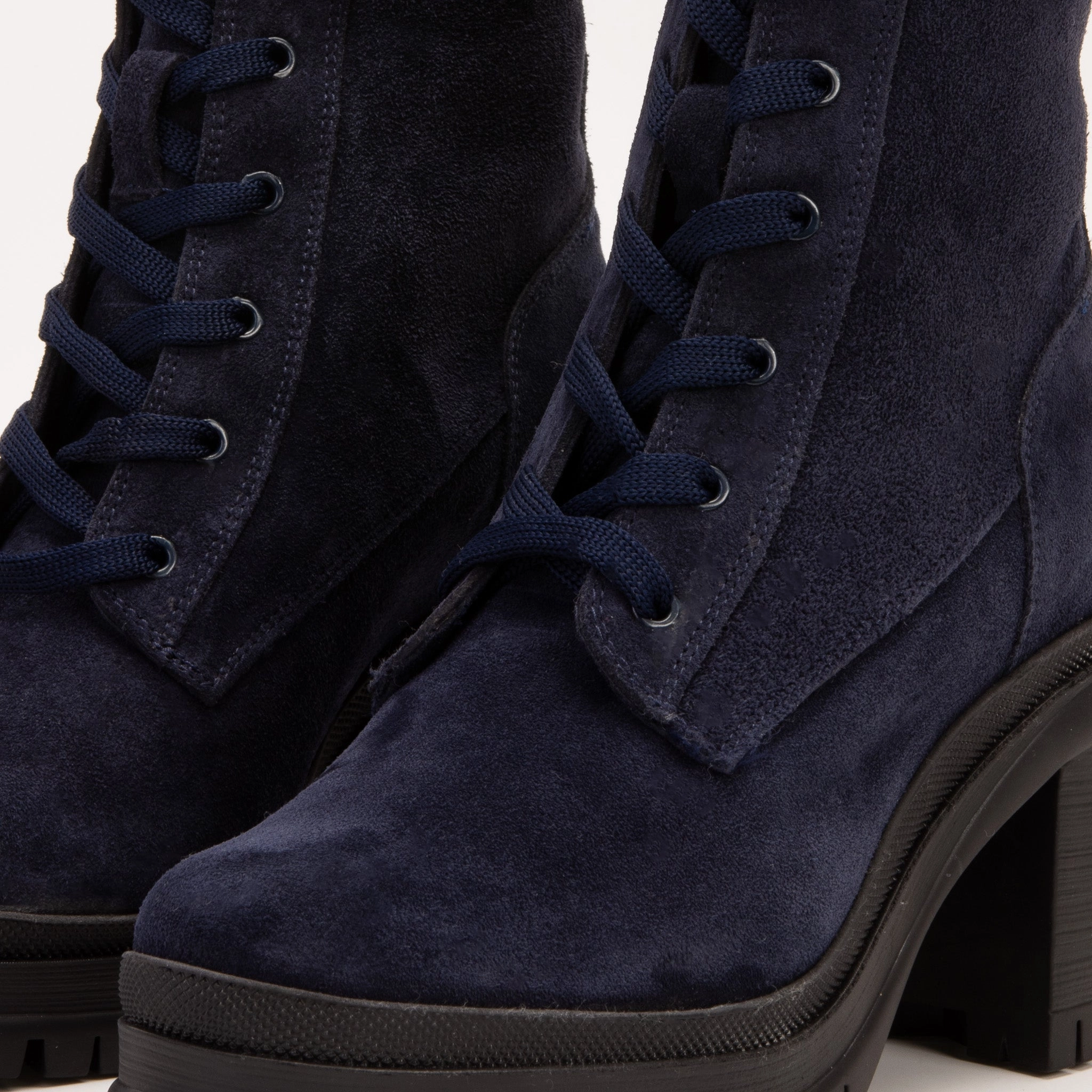 The Elera Navy Blue Leather Block Heel Women Boot Deep Black