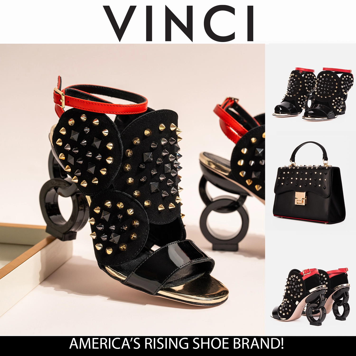 Abrasion Resistant Surface The Infanta Black Spike Leather Ankle Strap Women Sandal