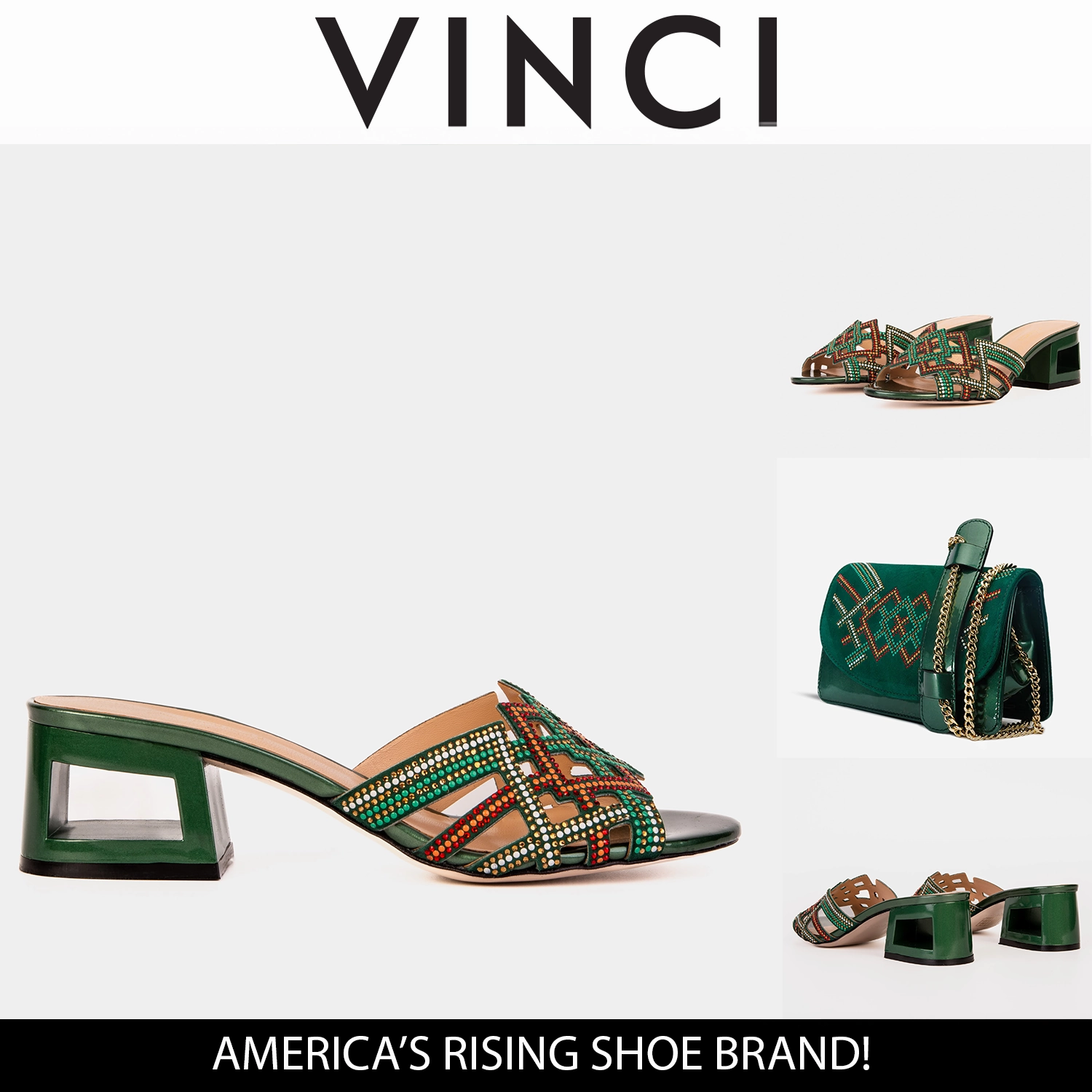 The Palma Green Glitter Leather Block Heel Women Sandal Breathable Walking