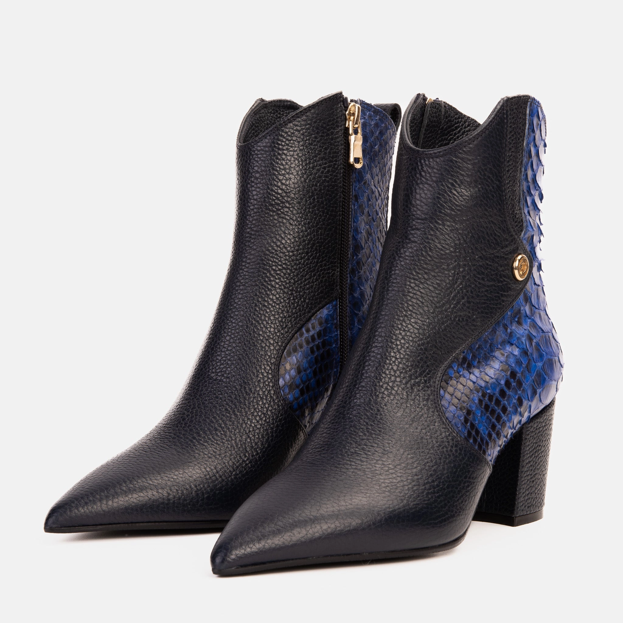 The Saturn Sax Blue Pythn Leather Block Heel  Women Boot stretchy design