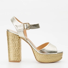 The Tampico Platform Heel Gold Leather Women Sandal Multi Directional Flex Zones Open Frame