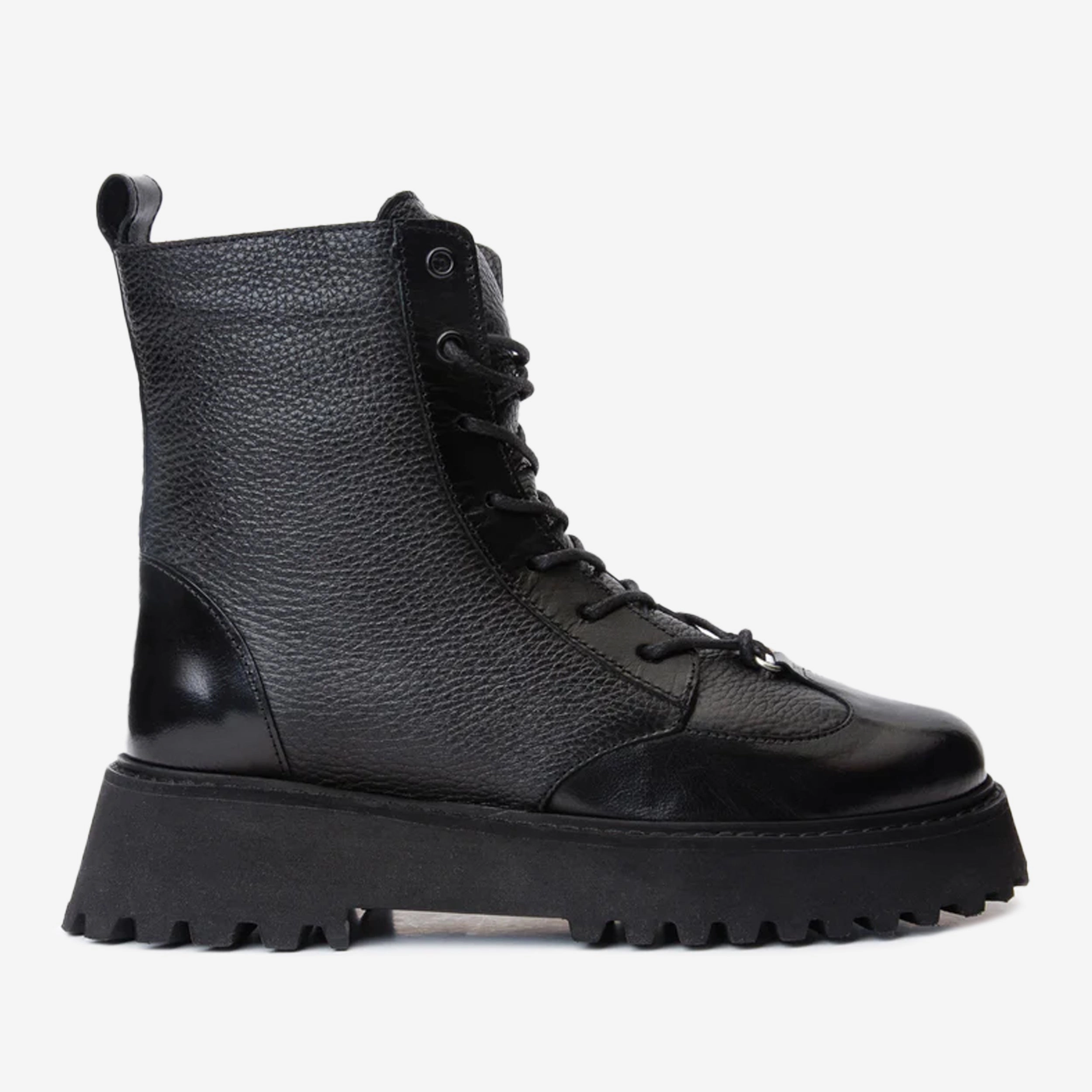 The Yildiz Black Leather Lace-Up Ankle Women  Boot With a Side Zipper Lightweight Footwear