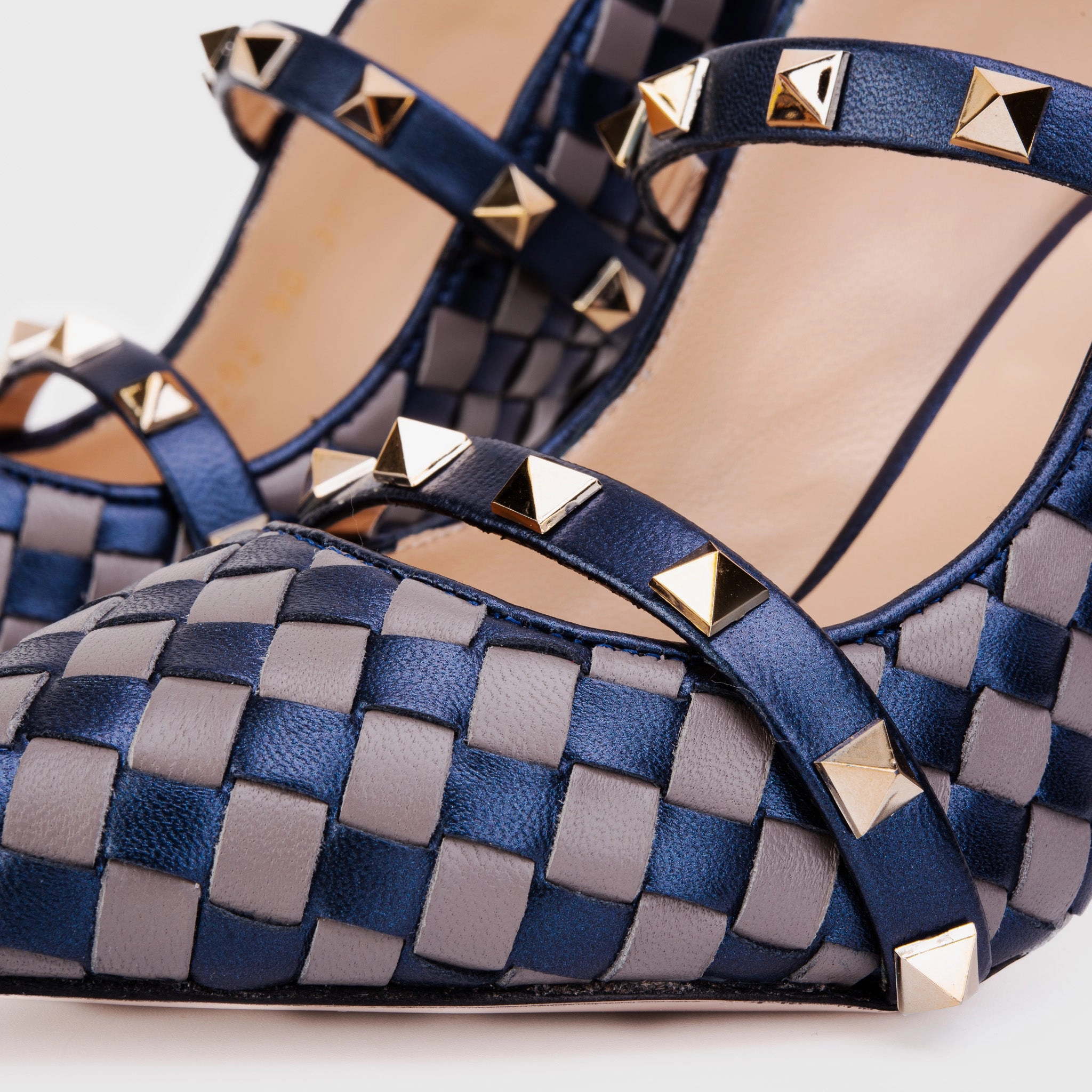 The Dosso Navy Blue Handwoven Pointy Toe Leather Women Sandal Multi Density Foam Arch Contour Design
