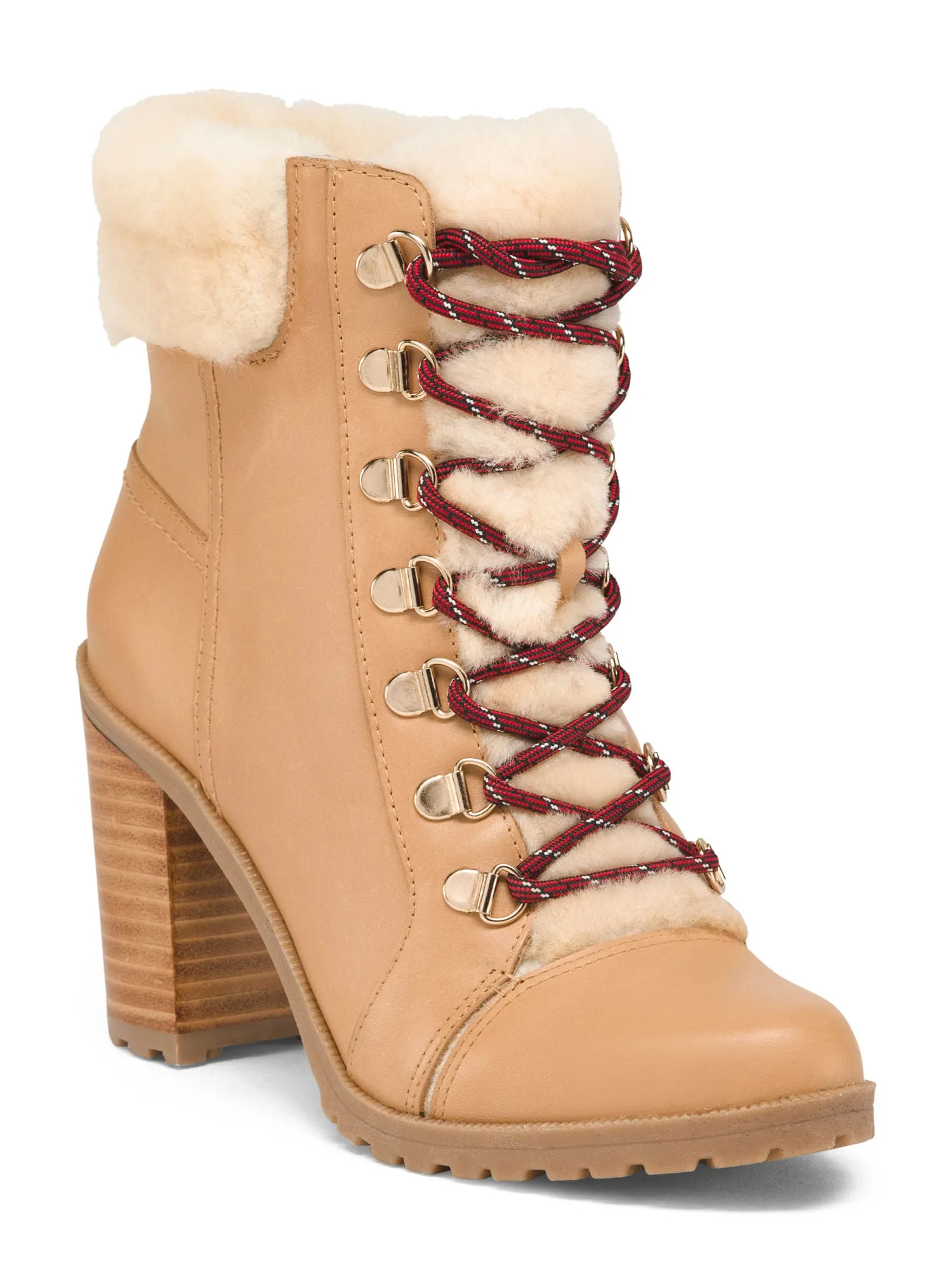 True Ivy Women’s Haley Shearling Trimmed Leather Lace Up Hiker Ankle Boot