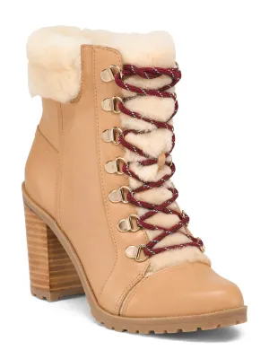 True Ivy Women’s Haley Shearling Trimmed Leather Lace Up Hiker Ankle Boot