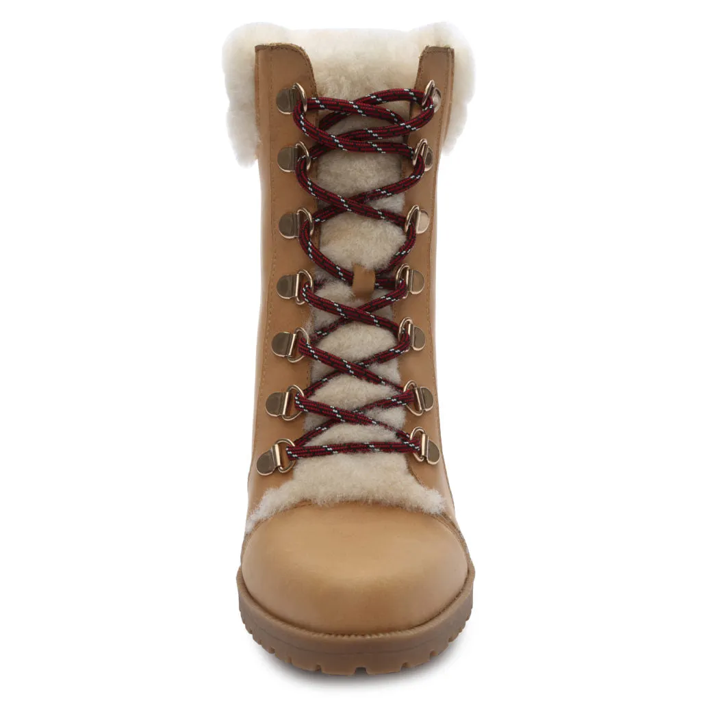 True Ivy Women’s Haley Shearling Trimmed Leather Lace Up Hiker Ankle Boot