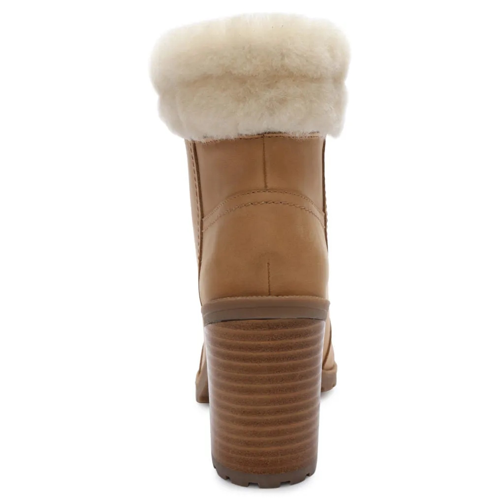 True Ivy Women’s Haley Shearling Trimmed Leather Lace Up Hiker Ankle Boot