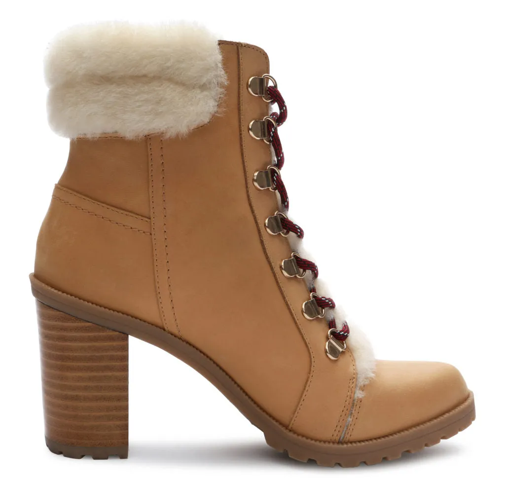 True Ivy Women’s Haley Shearling Trimmed Leather Lace Up Hiker Ankle Boot