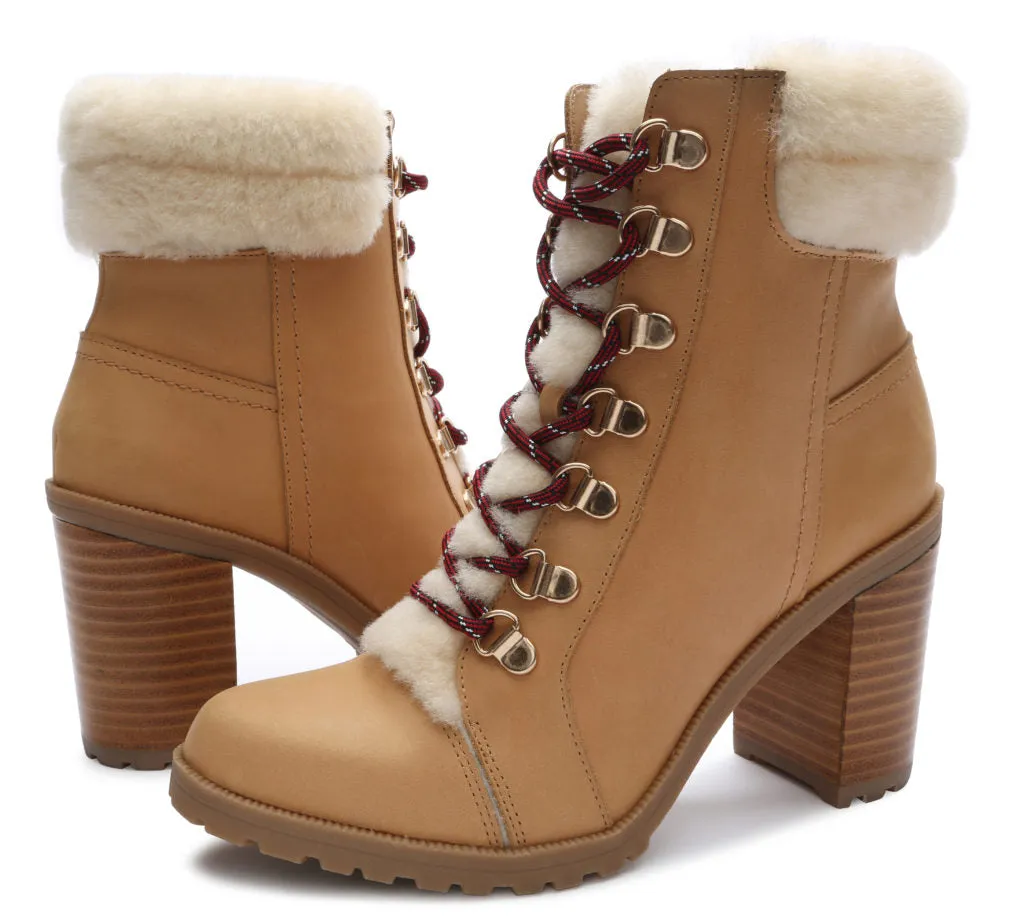 True Ivy Women’s Haley Shearling Trimmed Leather Lace Up Hiker Ankle Boot