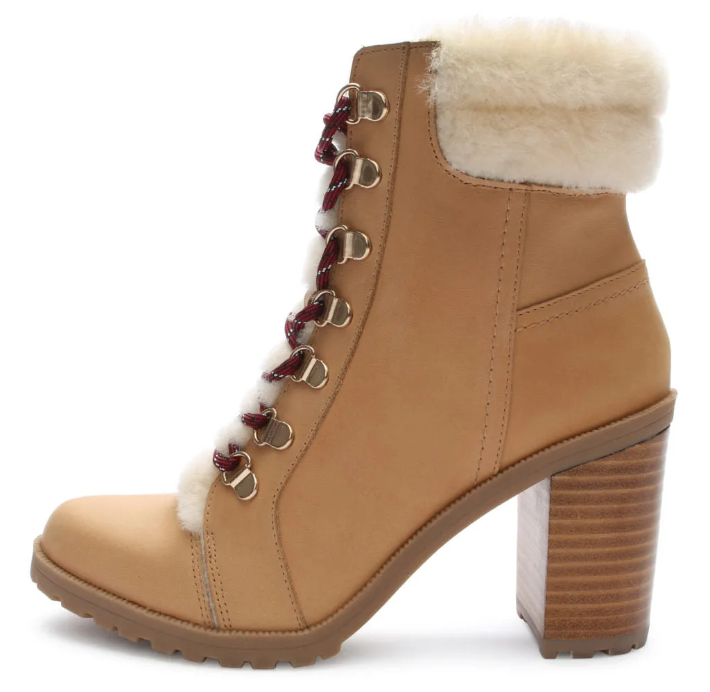 True Ivy Women’s Haley Shearling Trimmed Leather Lace Up Hiker Ankle Boot