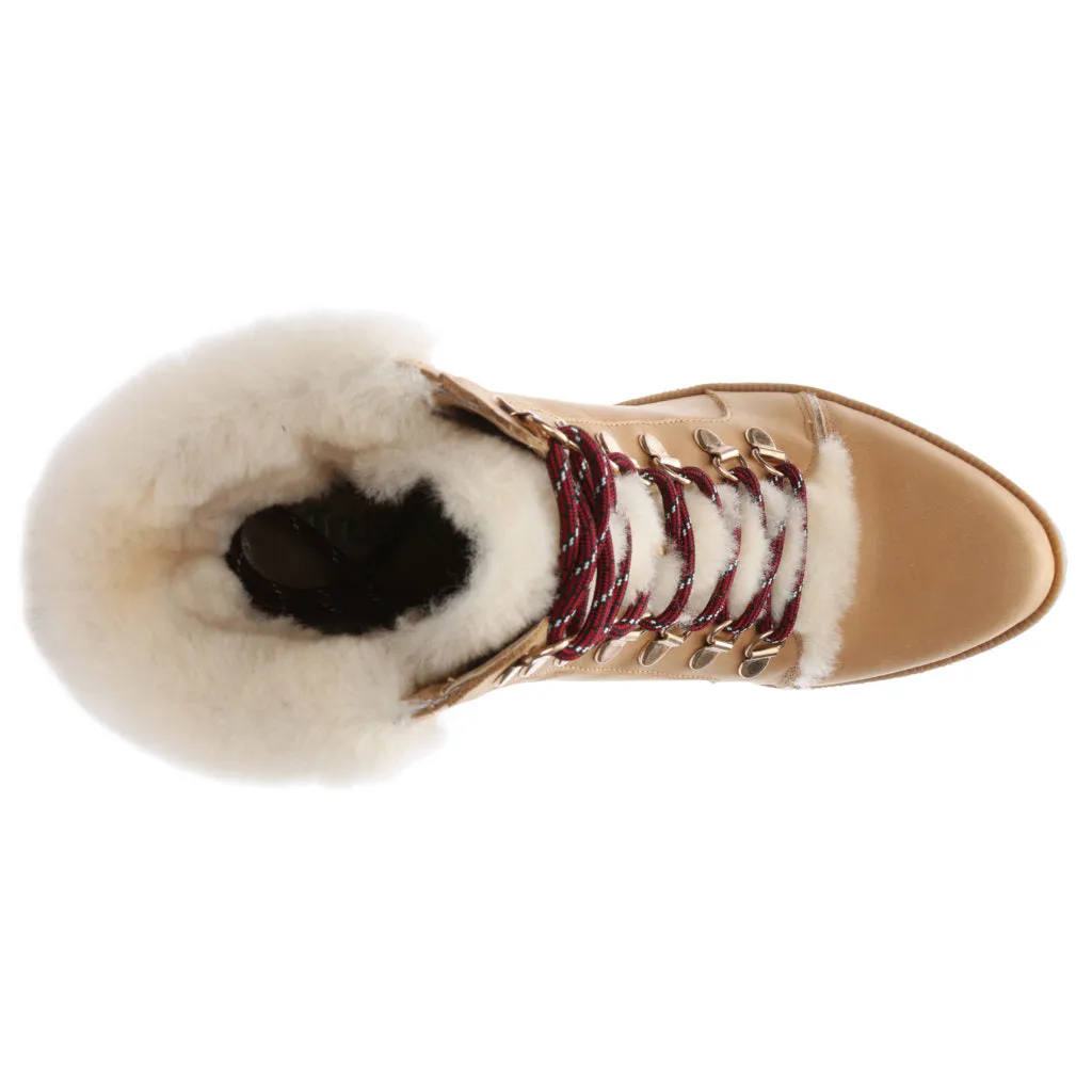 True Ivy Women’s Haley Shearling Trimmed Leather Lace Up Hiker Ankle Boot