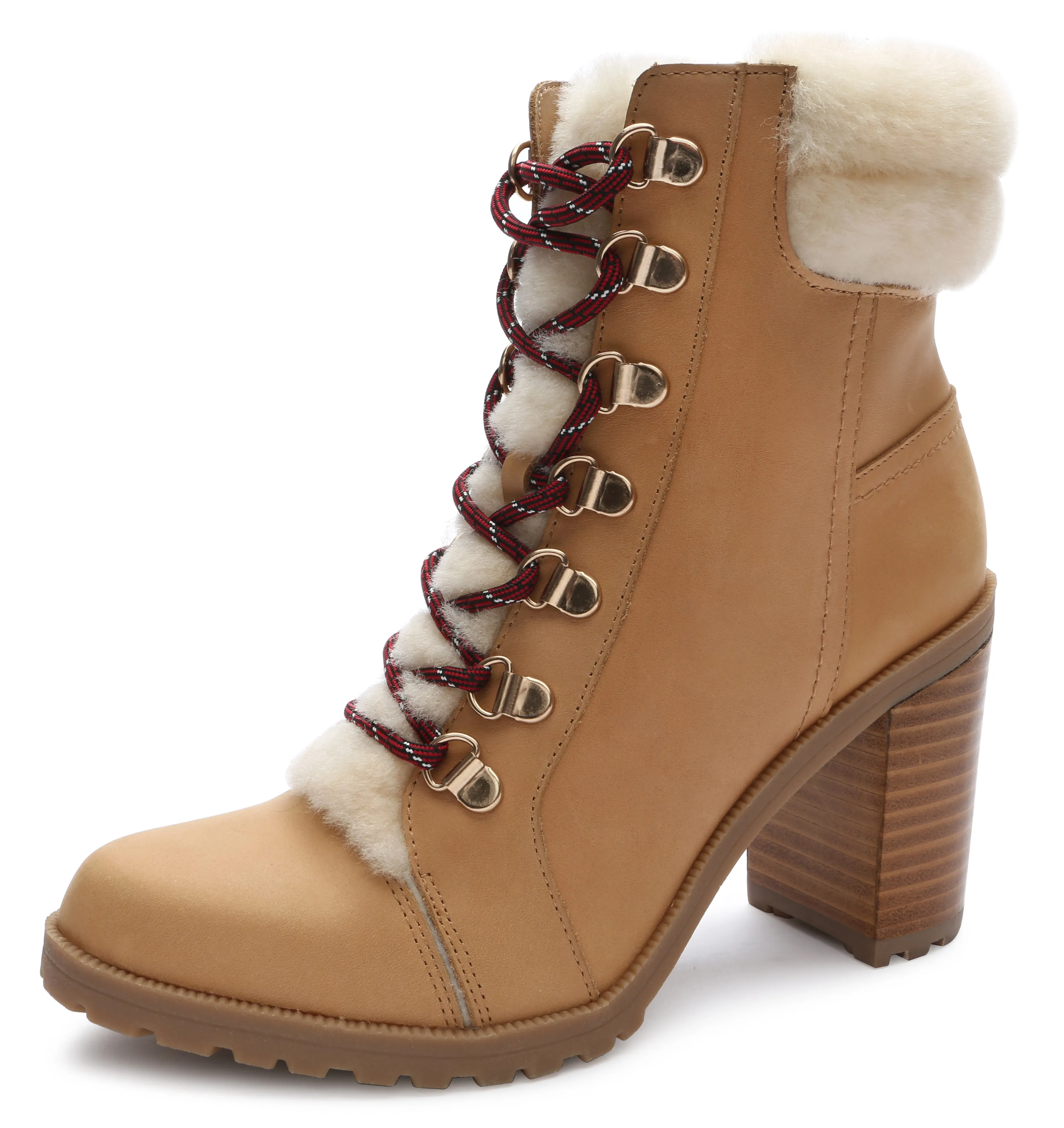 True Ivy Women’s Haley Shearling Trimmed Leather Lace Up Hiker Ankle Boot